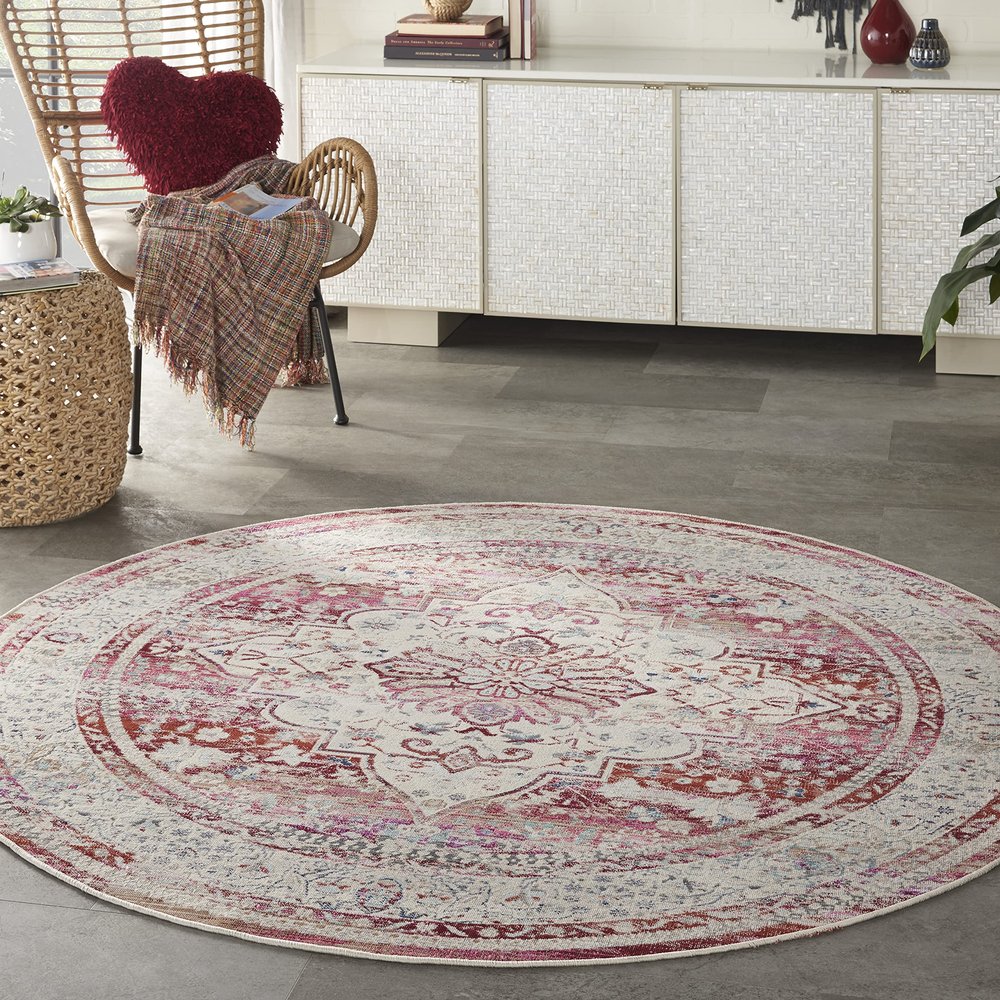 Nourison Home Vintage Kashan Vintage Red/Ivory 6' x ROUND Area Rug, Easy Cleaning, Non Shedding, Bed Room, Living Room, Dining Room, Kitchen (6 Round)