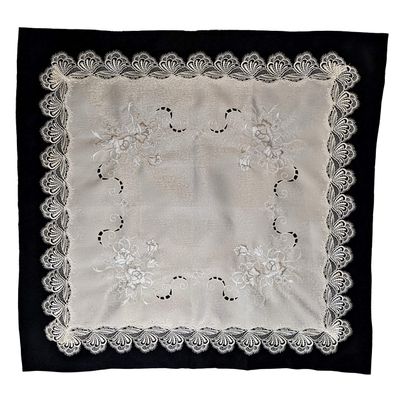 Doily Boutique Tablecloth or Table Topper Square Embroidered with Silver, Gray, and White Roses on Antique White Material with Lace Size 37 inches Square