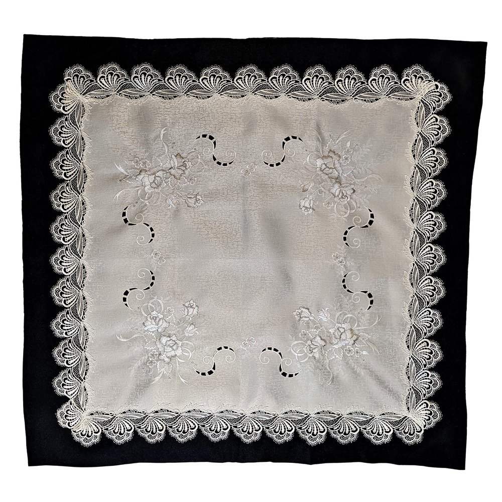 Doily Boutique Tablecloth or Table Topper Square Embroidered with Silver, Gray, and White Roses on Antique White Material with Lace Size 37 inches Square