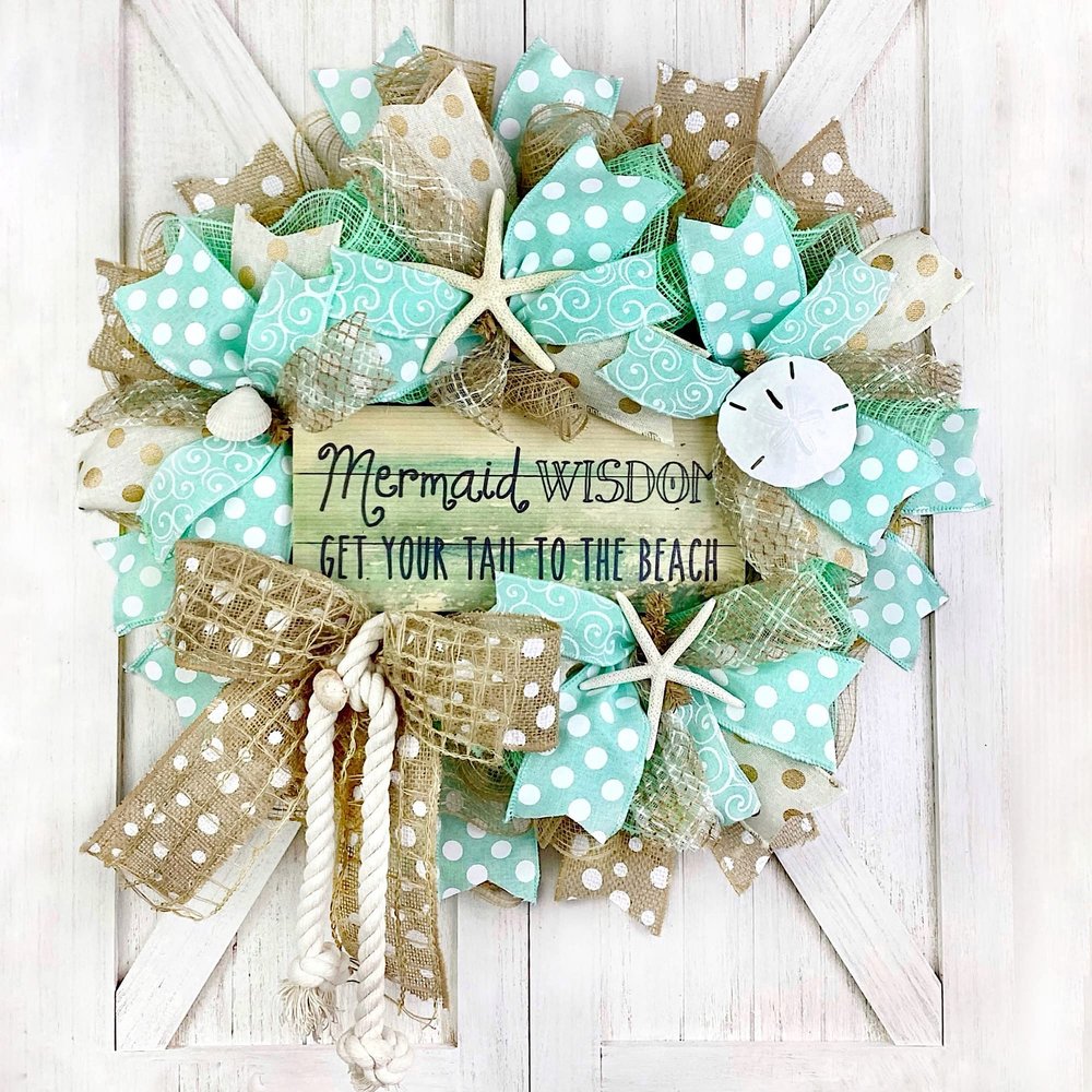Artisan 18X18X6 Mermaid Wisdom Burlap Beach, Coastal,Wreath with Nautical Rope, Starfish, and Sea Shells.