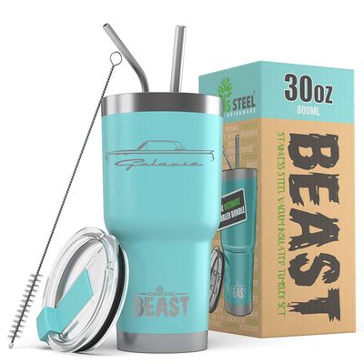 1960 1961 Ford Galaxie Hardtop Beast 30 oz Stainless Steel Insulated Tumbler w/Lid, 2 Straws, Brush and Gift Box aqua