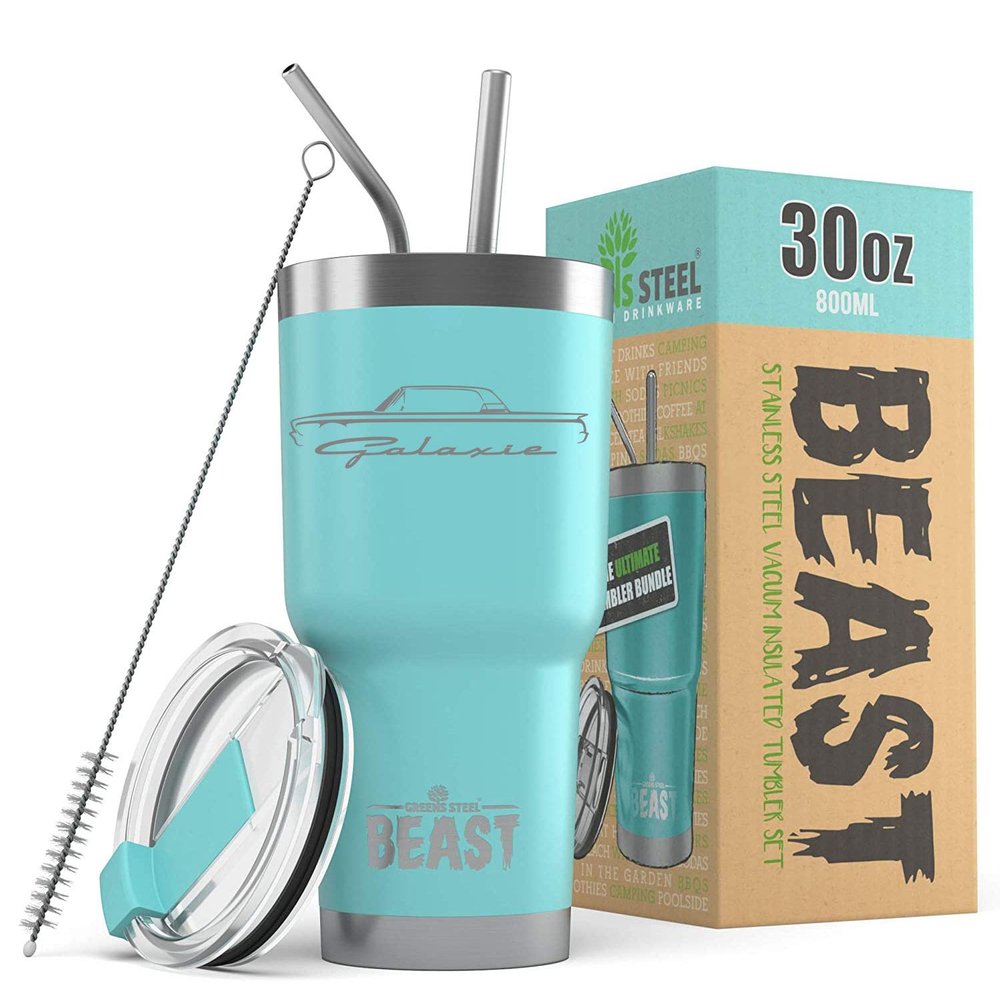 1960 1961 Ford Galaxie Hardtop Beast 30 oz Stainless Steel Insulated Tumbler w/Lid, 2 Straws, Brush and Gift Box aqua