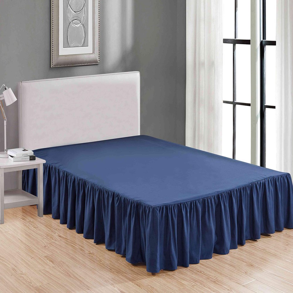 100% Egyptian Cotton Navy/RV-King Wrap Around Bedskirt 600 Thread Counts Solid Premium Quality Fabric Best Dust Ruffle with Platform Easy Fits Upto14''Drop Premium Gathered Bed Skirt