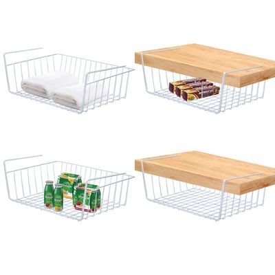 4 Pack Under Shelf Basket, Dveda Durable Metal Wire Rack Hanging Shelf Storage Basket, Under Cabinet Organizer Shelf for Kitchen/Pantry/Bathroom/Desk - Slide Arms Height:1.45 in(White)