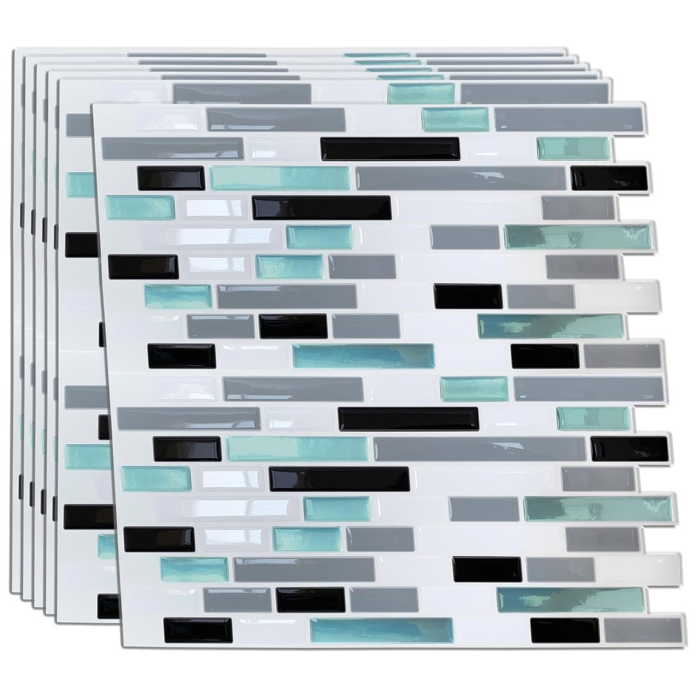 12 Sheets 12" x 6" Metalic Turquoise Glossy 3D Metro Tile Stickers Peel and Stick Kitchen Backsplash Stick on Subway Mosaics Tile Paint Water Heat Resistant Bathroom Decoration Kitchen Decor