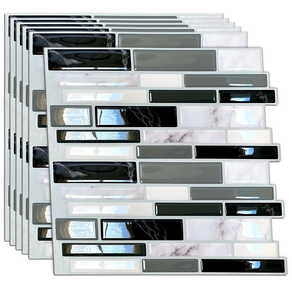 48 Sheets 12" x 6" Light and Dark Marble Glossy 3D Metro Tile Stickers Peel and Stick Backsplash for Kitchen Stick on Subway Mosaics Tile Paint Water Heat Resistant Bathroom Decoration Kitchen Decor