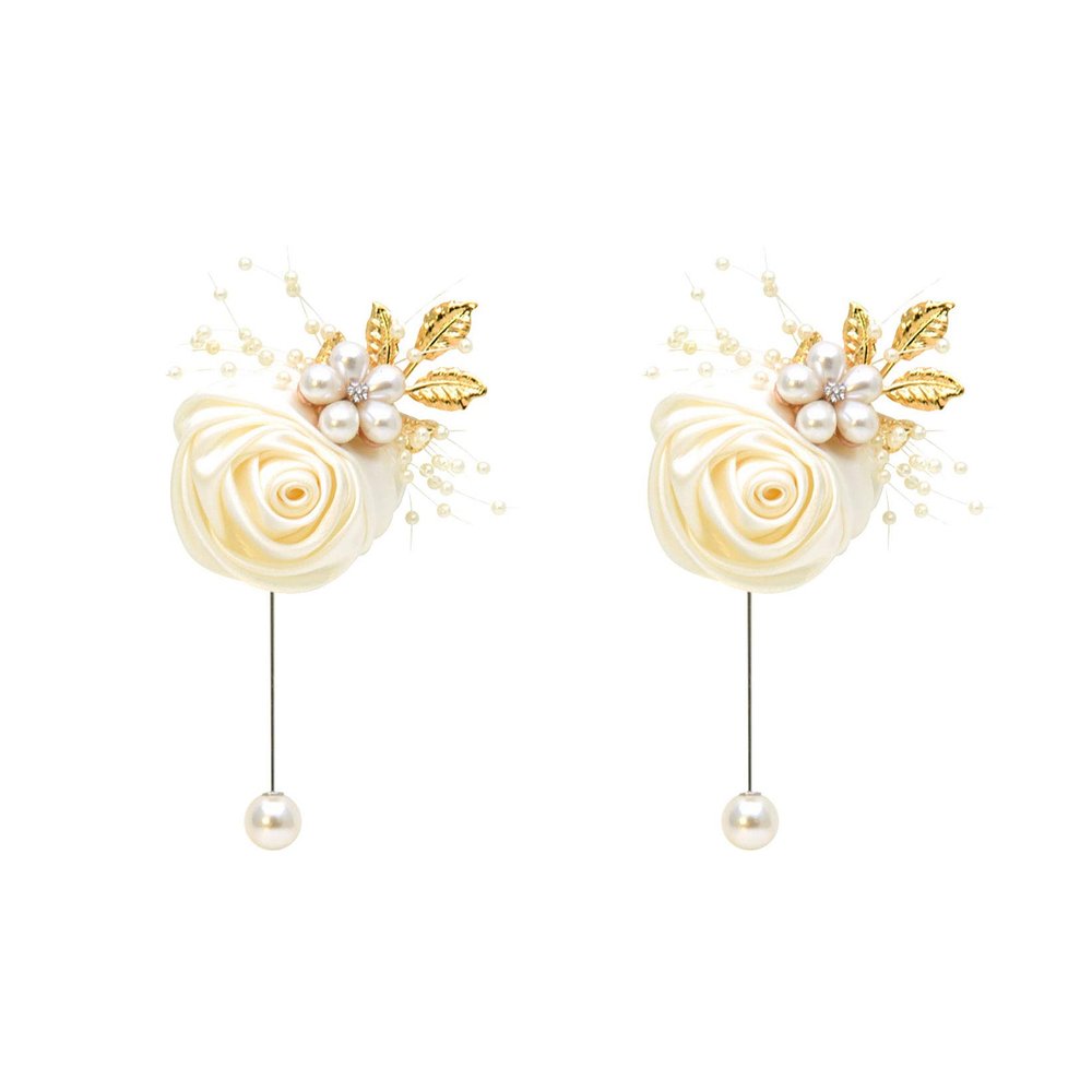 Fiwisora Boutonniere 2PCS Satin Rose Gold Accent Men's Boutonniere Ivory Groom Lapel Pin Flower Bridegroom Boutonniere for Wedding Prom Party Dancing