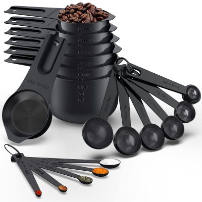 21 Pcs Stainless Steel Measuring Cups and Spoons Set, Wildone Stackable Metal Measuring Cups and Spoons for Cooking & Baking, Includes 7 Cups, 9 Spoons and 5 Mini SpoonsBlack