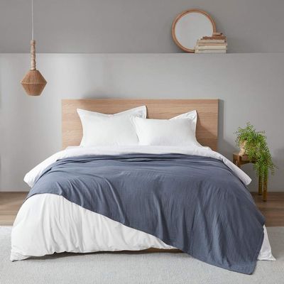 1 Piece Farmhouse Ultra Soft Cozy 100 percent Cotton Woven Blanket Full / Queen Size for Bed,Couch and Sofa - Charm Casual Most Comfortable Breathable Lightweight Extra Warmth Comfy Solid Color Blue