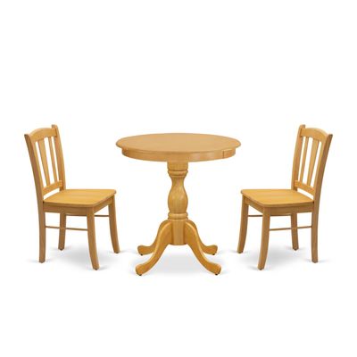 East West Furniture ESDL3-OAK-W 3 Piece Kitchen Table Set for Small Spaces Contains a Round Dining Room Table with Pedestal and 2 Solid Wood Seat Chairs, 30x30 Inch, Oak