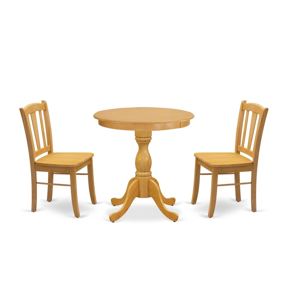 East West Furniture ESDL3-OAK-W 3 Piece Kitchen Table Set for Small Spaces Contains a Round Dining Room Table with Pedestal and 2 Solid Wood Seat Chairs, 30x30 Inch, Oak