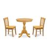 East West Furniture ESDL3-OAK-W 3 Piece Kitchen Table Set for Small Spaces Contains a Round Dining Room Table with Pedestal and 2 Solid Wood Seat Chairs, 30x30 Inch, Oak view 1