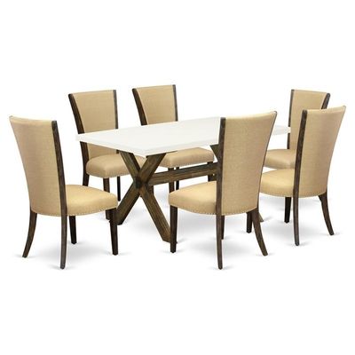 East West Furniture X726VE703-7 7 Piece Kitchen Table Set Consist of a Rectangle Dining Table with X-Legs and 6 Brown Linen Fabric Parsons Dining Chairs, 36x60 Inch, Multi-Color
