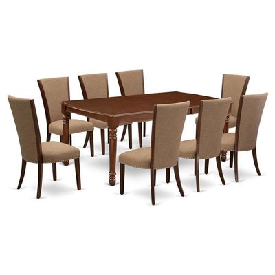 East West Furniture DOVE9-MAH-47 9 Piece Dining Set Includes a Rectangle Dining Room Table with Butterfly Leaf and 8 Light Sable Linen Fabric Upholstered Chairs, 42x78 Inch, Mahogany