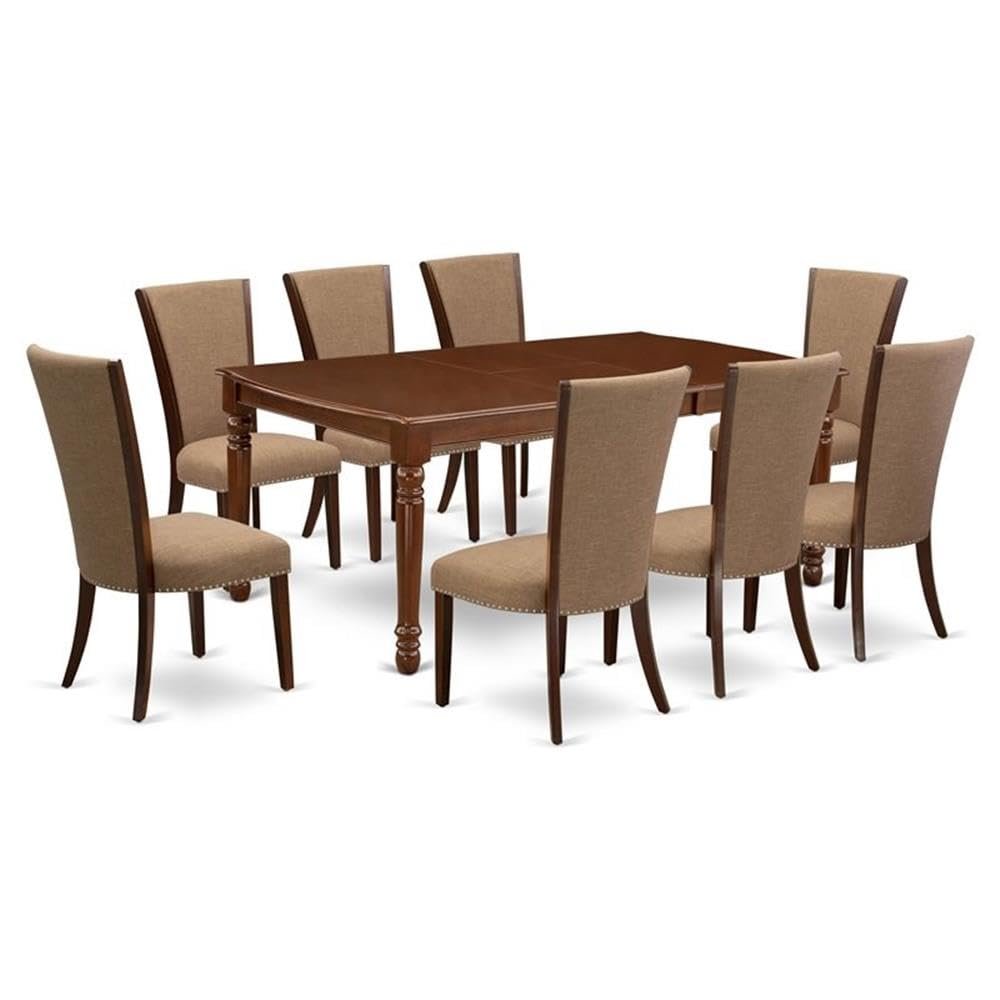 East West Furniture DOVE9-MAH-47 9 Piece Dining Set Includes a Rectangle Dining Room Table with Butterfly Leaf and 8 Light Sable Linen Fabric Upholstered Chairs, 42x78 Inch, Mahogany