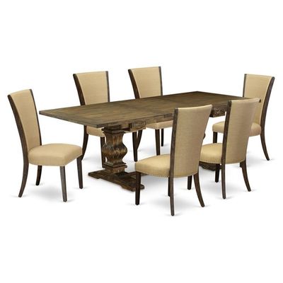 East West Furniture LAVE7-77-03 7 Piece Kitchen Table Set Consist of a Rectangle Dining Table with Removable Leaf and 6 Brown Linen Fabric Parson Dining Chairs, 42x92 Inch, Jacobean
