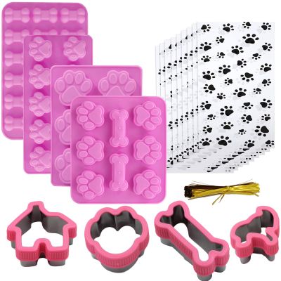 Shxmlf Dog Baking Supplies - Silicone Molds, Stainless Steel Puppy Paw Bone House Cookie Cutters, with 100 Pieces Dog Treat Bags for Homemade Chocolate, Candy, Jelly, Ice Cube, Doggie Treats