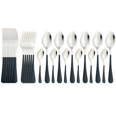 BRIIEC Dinnerware Set 24 Pieces Flatware Sets Service for 6 Stainless Steel Tableware Cutlery Set Mirror Polished Dishwasher Safe (Black-Silver)