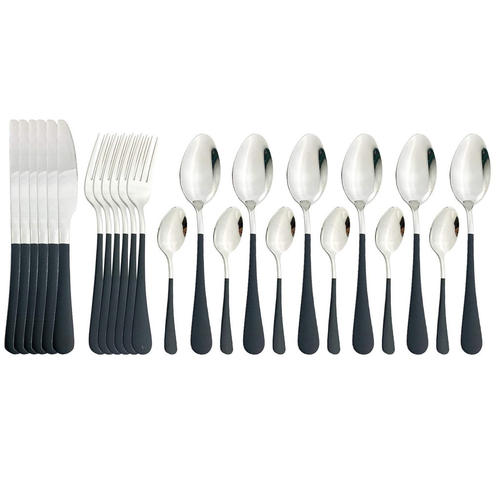 BRIIEC Dinnerware Set 24 Pieces Flatware Sets Service for 6 Stainless Steel Tableware Cutlery Set Mirror Polished Dishwasher Safe (Black-Silver)