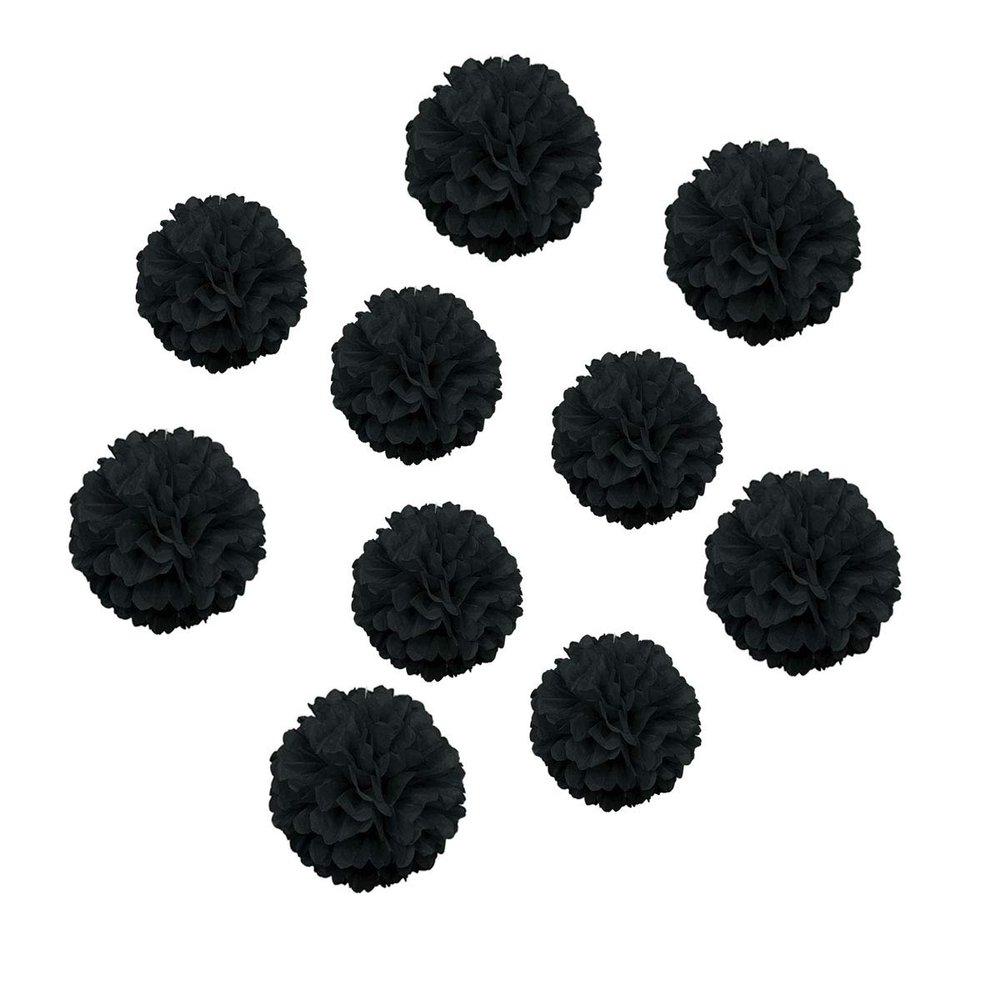 10pcs Paper Pom Poms Tissue Paper Flower Art Craft DIY Hanging Flower for Party Wedding Baby Shower Nursey Wall Decoration (8inch+10inch, Black)