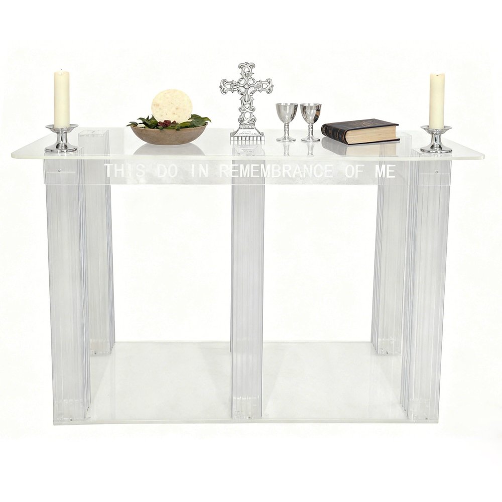 FixtureDisplays 47.6X18.7X33" Clear Acrylic Plexiglass Church Holy Communion Table Rememberance of Me Optional Cross as a Prop is NOT Included Assebmly Video in Descriptions 11461-CLEAR-NF