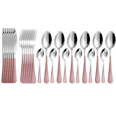 BRIIEC Dinnerware Set 24 Pieces Flatware Sets Service for 6 Stainless Steel Tableware Cutlery Set Mirror Polished Dishwasher Safe (Pink-Silver)