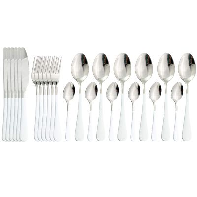BRIIEC Dinnerware Set 24 Pieces Flatware Sets Service for 6 Stainless Steel Tableware Cutlery Set Mirror Polished Dishwasher Safe (White-Silver)