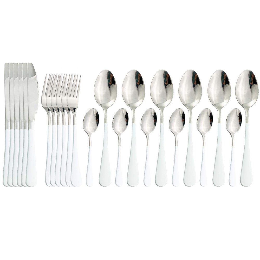 BRIIEC Dinnerware Set 24 Pieces Flatware Sets Service for 6 Stainless Steel Tableware Cutlery Set Mirror Polished Dishwasher Safe (White-Silver)