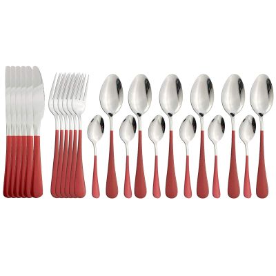 BRIIEC Dinnerware Set 24 Pieces Flatware Sets Service for 6 Stainless Steel Tableware Cutlery Set Mirror Polished Dishwasher Safe (Red-Silver)