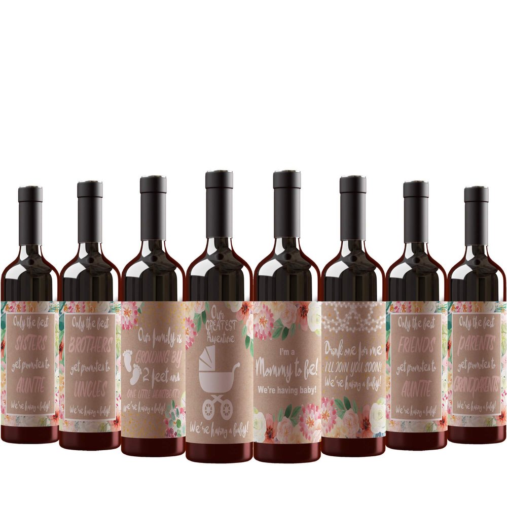 8 Pregnancy Announcement Wine Bottle Labels. For Parents to Grandparents, Brothers Sisters Friends Promoted to Aunts Uncles. Announcing New Baby Reveal. Baby Surprise Gifts Decorations