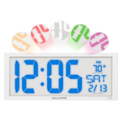 AcuRite 14.5" Oversized, Multicolor LED Clock with Indoor Temperature, Day of the Week, and Date (75160M)