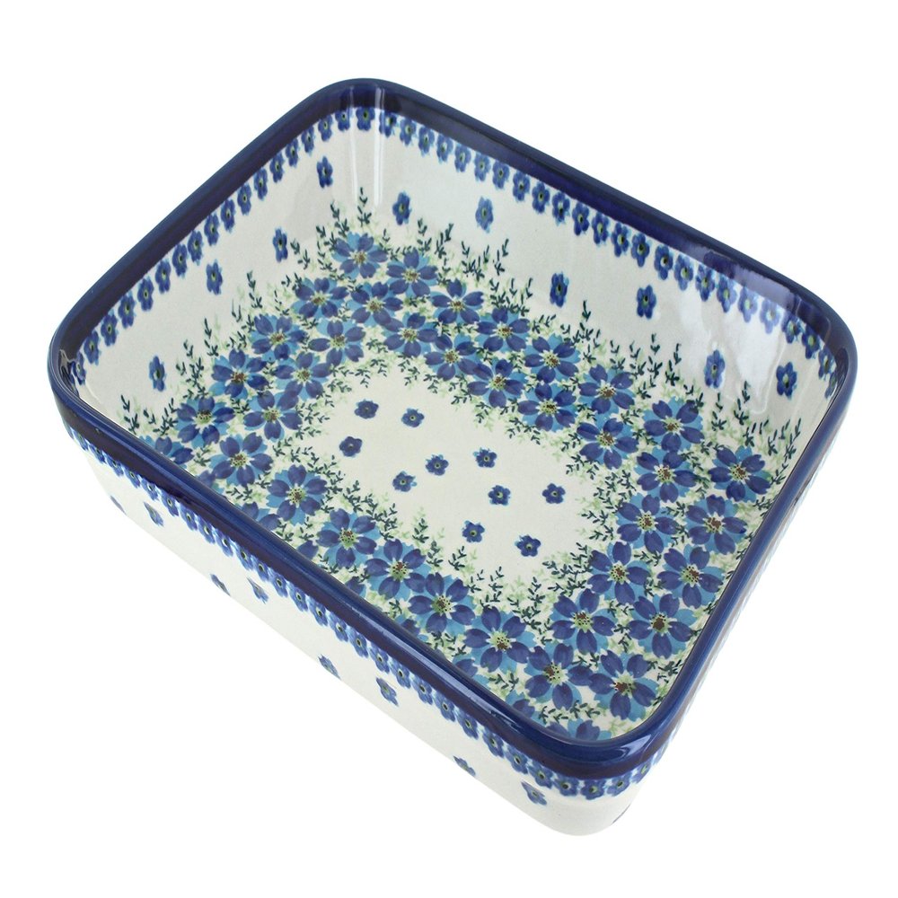 Blue Rose Polish Pottery - Blue Kalina Medium Rectangular Baker - 12" x 9.75" - Unique, Dishwasher Safe, & Durable Bakeware