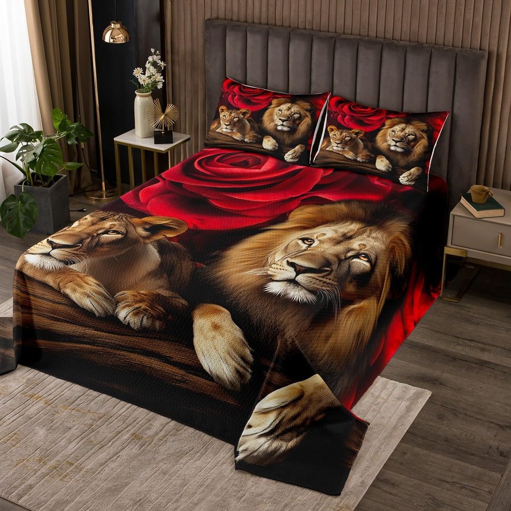 Erosebridal Lion Bedding Set Twin Size, Africa Wildlife Quilted for Kids Teens Adult, Red Rose Flower Pattern Coverlet Set, Animal Theme Bedspread, Soft Luxury Microfiber, Black Brown