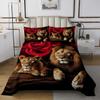 Erosebridal Lion Bedding Set Twin Size, Africa Wildlife Quilted for Kids Teens Adult, Red Rose Flower Pattern Coverlet Set, Animal Theme Bedspread, Soft Luxury Microfiber, Black Brown view 2