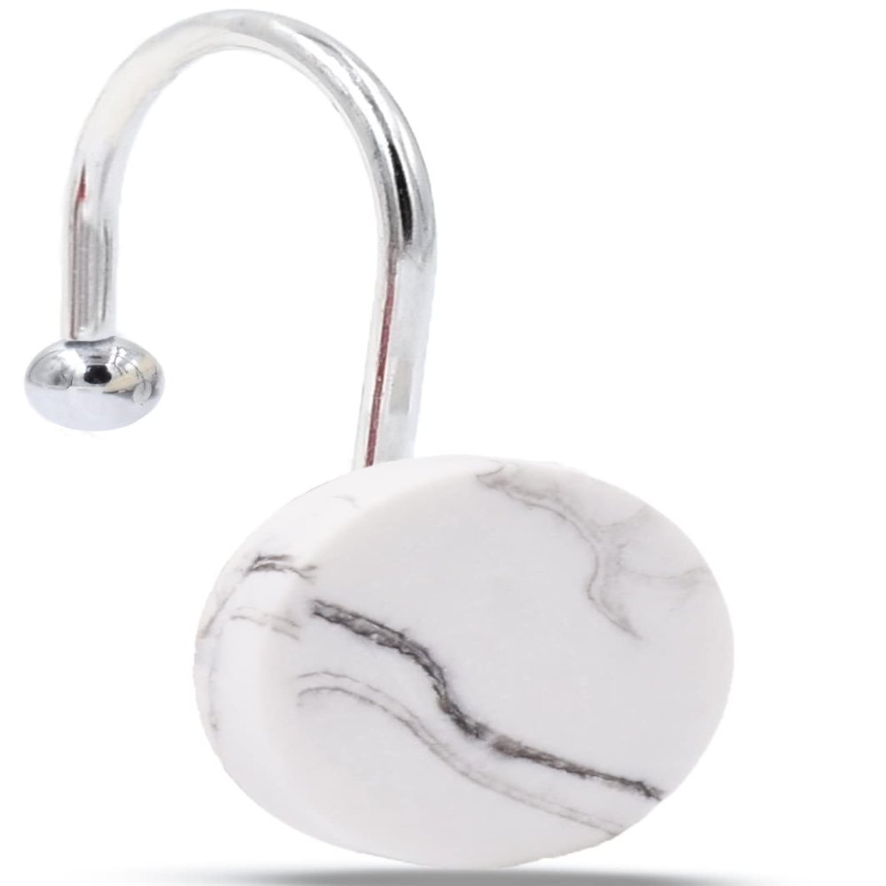 CandyGrid Shower Curtain Hooks Decorative, White Shower Curtain Hooks Rust Proof, Set of 12 Stainless Steel Shower Curtain Hooks Rings, Shower Curtain Hangers for Bathroom Curtains Rods (White Marble)
