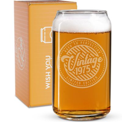 Aged to PERFECTION 1975 Birthday Gifts - 49th Birthday Gifts for Women Men Born in 1975-16 Oz Engraved Vintage Beer Can Glass - For 49 Year Old - Back in the Day 1975 Bday Card and Candy Decorations