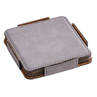 Set of 4 Gray Leatherette Square Coasters, 4"