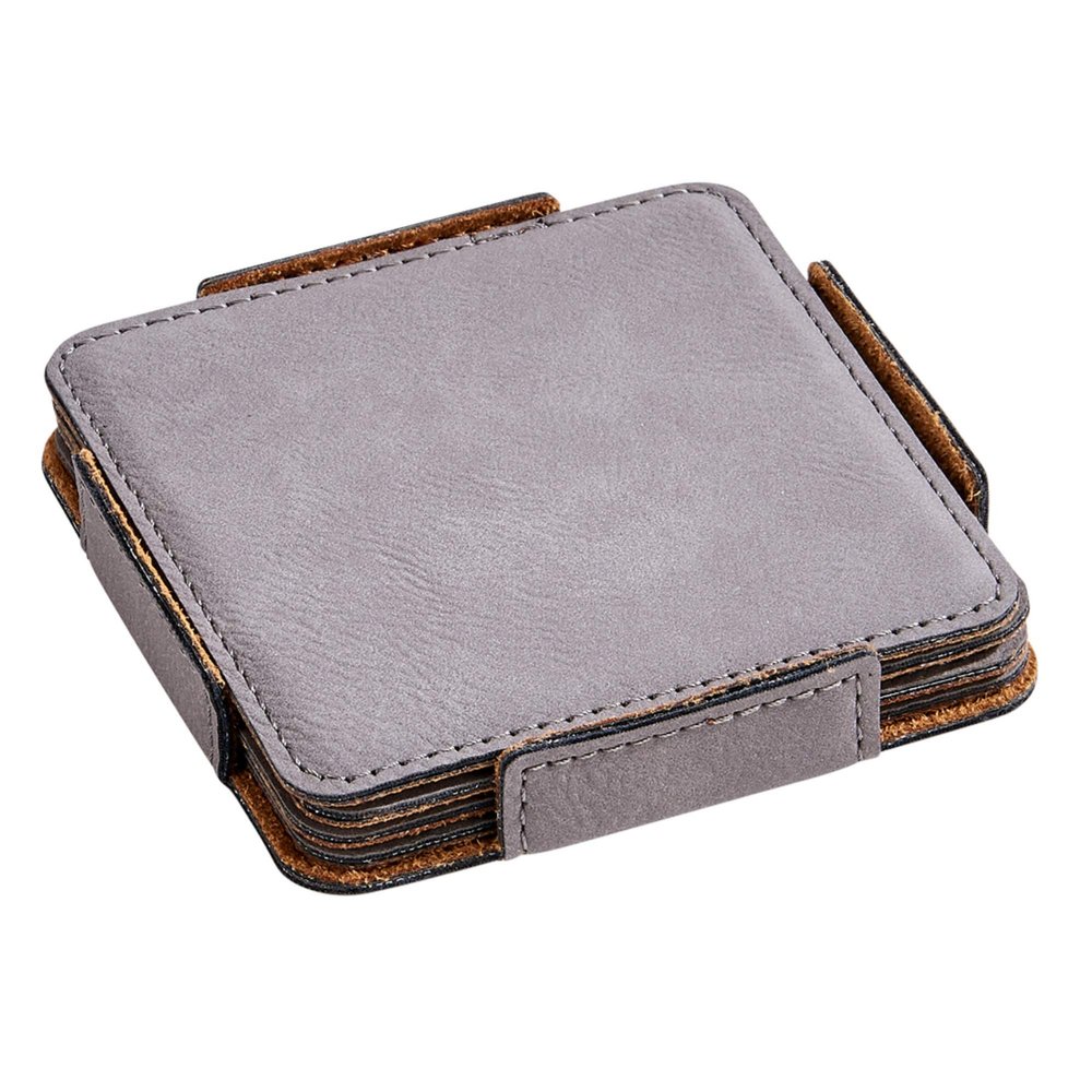 Set of 4 Gray Leatherette Square Coasters, 4"