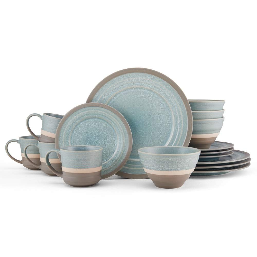 16 Piece Mid-Century Modern Durable Stoneware Dinnerware Set, Casual Microwave & Dishwasher Safe Colorful Brown Blue Dinnerware Sets for 4, Round Dinner & Salad Plates, Bowls and Mugs