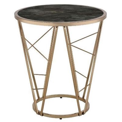 Acme Cicatrix Round Faux Marble Top End Table in Black and Champagne