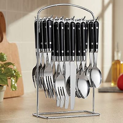 Montgomery Ward 20-Piece Hanging Flatware Set with Rack, Black - Elegant Stainless Steel Utensils (Black)