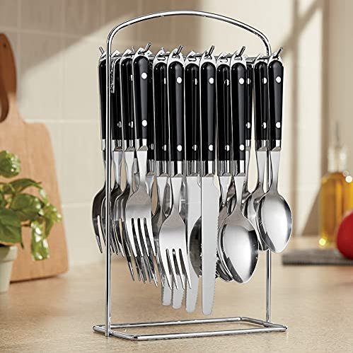 Montgomery Ward 20-Piece Hanging Flatware Set with Rack, Black - Elegant Stainless Steel Utensils (Black)