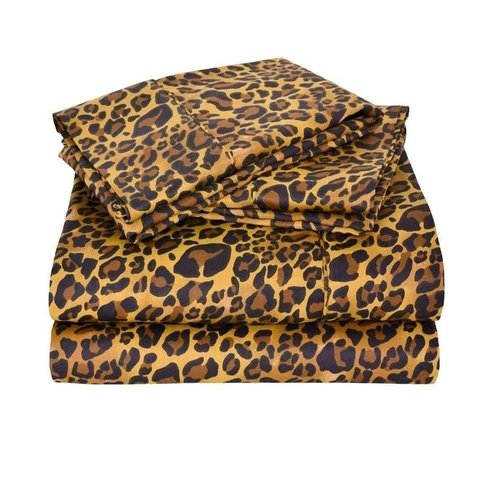 1000 Thread Count, 100% Egyptian Cotton, 4 PC Split Head Flex Sheet Set, 39" Split From the Top, Soft Satin Weave, 25" EXTRA DEEP POCKET (Split Head Queen- 39" Split, Leopard Print)
