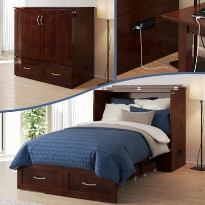 AFI, Hamilton Twin XL Murphy Bed Chest with 6" Mattress, Storage Drawer, and Built-in USB Charger, Walnut