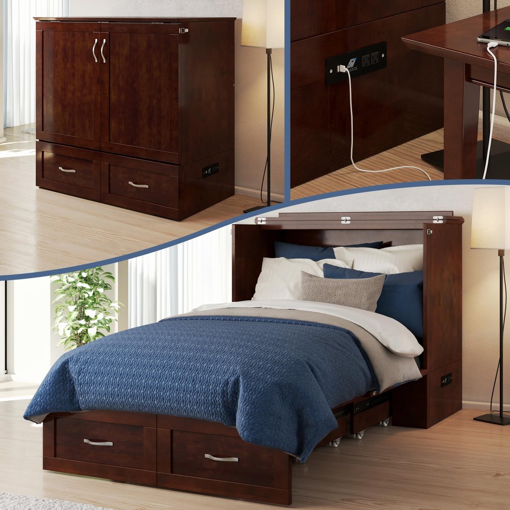 AFI, Hamilton Twin XL Murphy Bed Chest with 6" Mattress, Storage Drawer, and Built-in USB Charger, Walnut
