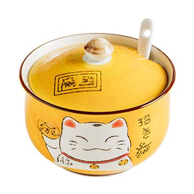 Ceramic Japanese Lucky Cat Sugar Bowl Salt Storage Jar with Lid and Spoon