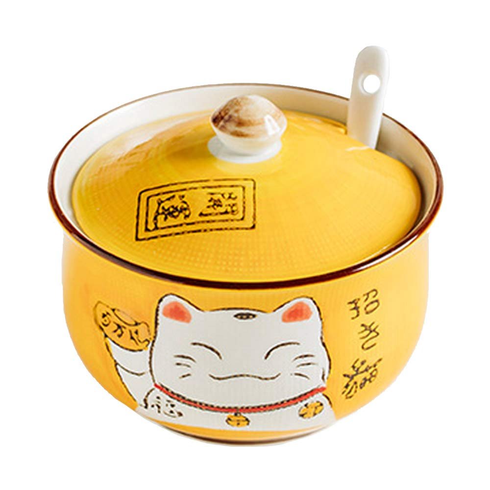 Ceramic Japanese Lucky Cat Sugar Bowl Salt Storage Jar with Lid and Spoon