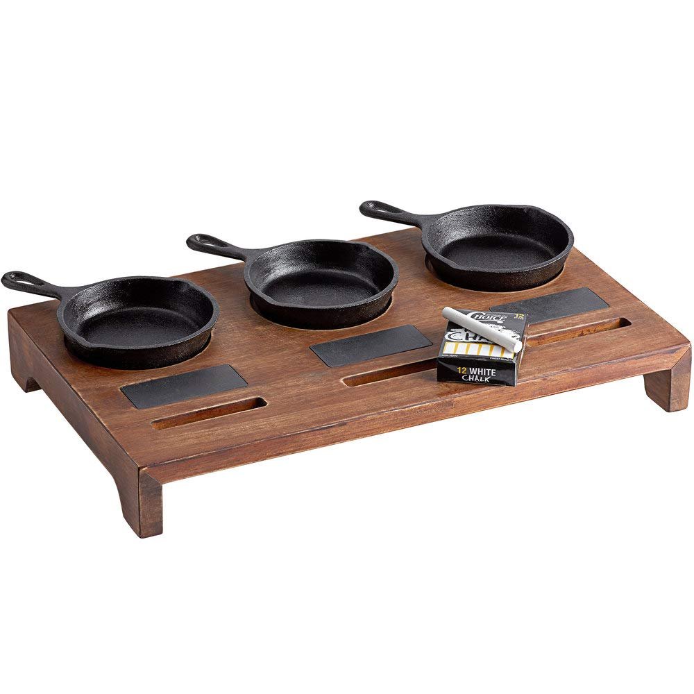 Cucina Chef Dessert Sampler with (3) 5" Mini Cast Iron Skillets and 18-1/2" x 11" x 2-1/2" Rustic Chestnut Finish Display Stand, and Chalk