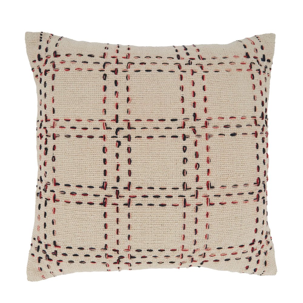 SARO LIFESTYLE Isla Berry Design Stitched Checker Throw Pillow Cover, 20" x 20", Natural