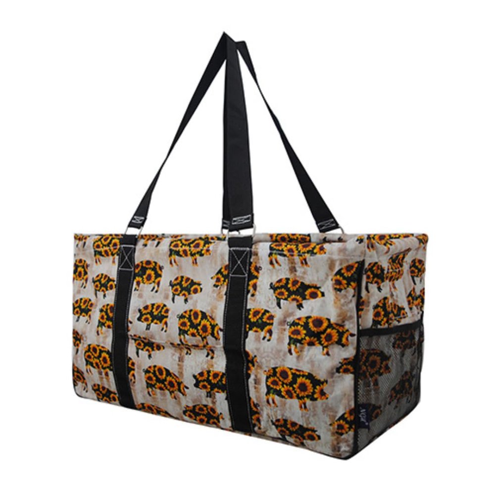 NGIL Extra Large Utility Tote Reusable Grocery Bag Oversized Collapsible for Groceries, Storage, Picnic, Beach (Sunflower Pig-black)